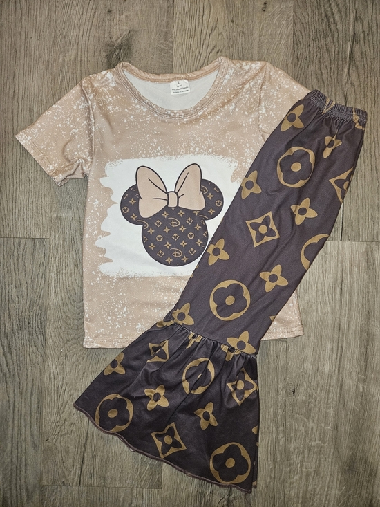 Other - Beige Minnie Mouse Tee and Brown Patterned Bell Pants Set
